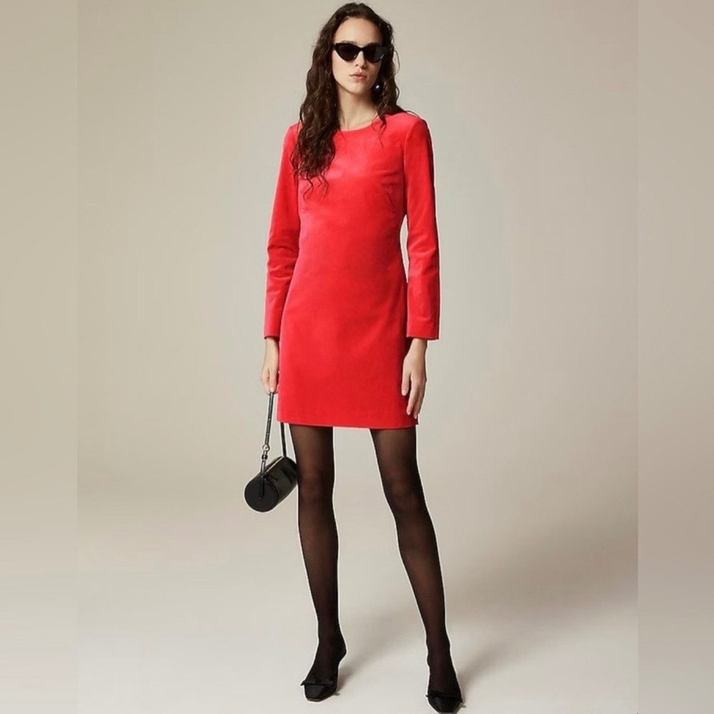 J Crew Long Sleeve Shift Dress Sz 18 Red Stretch Velvet‎ Holiday Cocktail Preppy